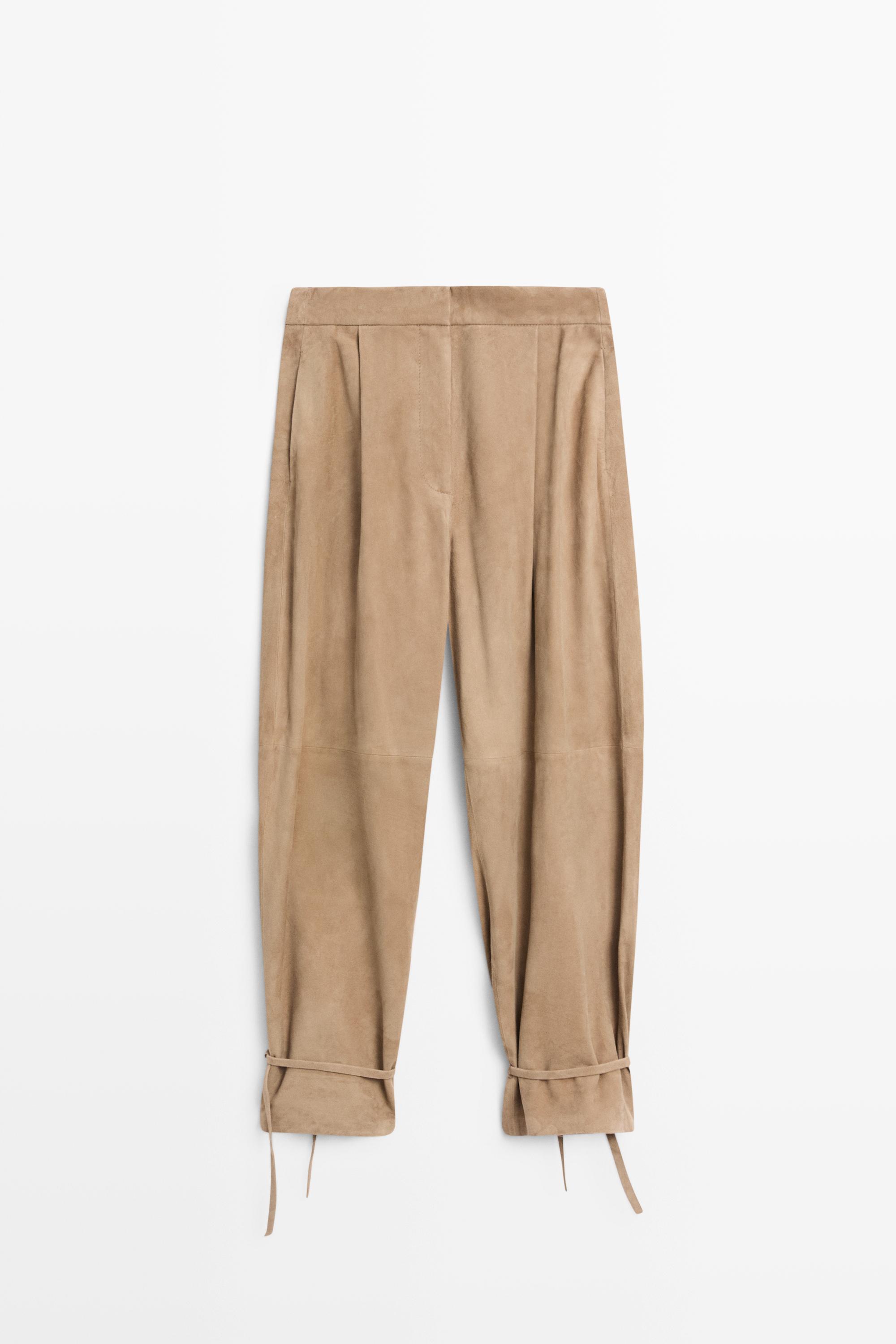 Suede leather pants with tie-detail hems